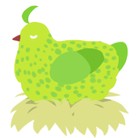 A lime and grass chicken with a speckle pattern