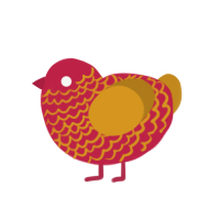 A crimson and ochre chicken with a lace pattern