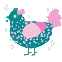 Sparkle, a teal and pink chicken with a speckle pattern