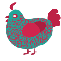 I like him, a turquoise and crimson chicken with a double-lace pattern