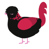 Emo, a black and crimson chicken with a neck-speckle pattern