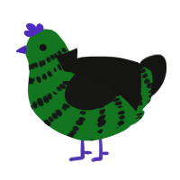 Wicked Witch, a leaf and black chicken with a bar pattern