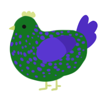 Peacock, a leaf and indigo chicken with a speckle pattern