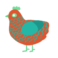 SIRACHA, a vermilion and turquoise chicken with a lace pattern