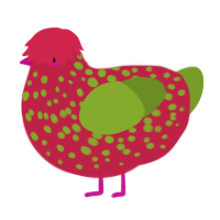 Tomato on the Vine, a crimson and chartreuse chicken with a speckle pattern