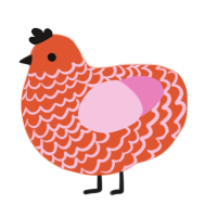 red sardine, a vermilion and pink chicken with a lace pattern