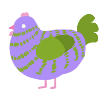 Chickenpox, a lilac and chartreuse chicken with a bar pattern