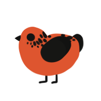 Sus Orange, a vermilion and black chicken with a neck-speckle pattern