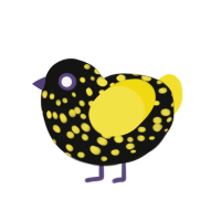 Bee, a black and yellow chicken with a speckle pattern