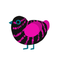 uno, a black and fuchsia chicken with a bar pattern