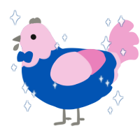 Arno, a ultramarine and pink chicken with a head pattern