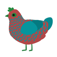 terracotta pie, a red and teal chicken with a lace pattern