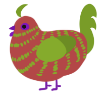 joe christmas, a red and chartreuse chicken with a bar pattern