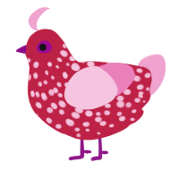 dragonfruit, a crimson and pink chicken with a speckle pattern