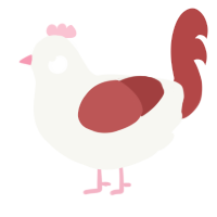 Demure, a white and red chicken