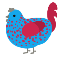 Jellybean, a sky and crimson chicken with a speckle pattern