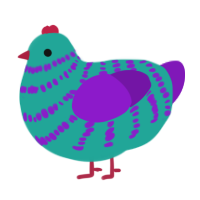 Dill Pickle Jr, a turquoise and violet chicken with a bar pattern