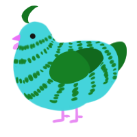 Relish Cousins Chick, a aqua and leaf chicken with a bar pattern