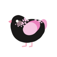 Lovey, a sable and pink chicken with a neck-speckle pattern