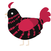 Flair, a black and crimson chicken with a bar pattern