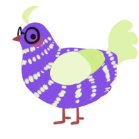 Astra, a blurple and apple chicken with a bar pattern