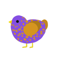 Violet, a blurple and ochre chicken with a speckle pattern