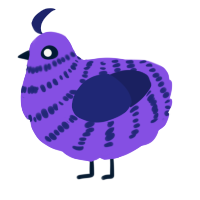 Outside, a blurple and navy chicken with a bar pattern