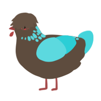 blue cheese, a cream and aqua chicken with a neck-speckle pattern