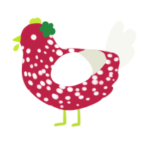 Redd, a crimson and white chicken with a speckle pattern