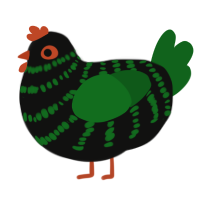 Red Water, a black and leaf chicken with a bar pattern