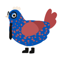 Detective Blueberry, a ultramarine and red chicken with a speckle pattern