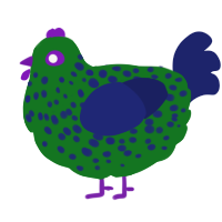 Creatur, a leaf and navy chicken with a speckle pattern