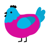 CMYK, a fuchsia and cerulean chicken with a head pattern