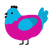 CMYK, a fuchsia and cerulean chicken with a head pattern