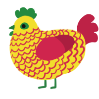 burger and fries, a yellow and crimson chicken with a lace pattern