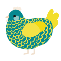 Calypso, a teal and yellow chicken with a lace pattern