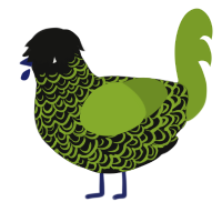 greemlin, a black and chartreuse chicken with a double-lace pattern