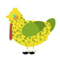 SpongeBob, a yellow and chartreuse chicken with a speckle pattern