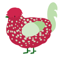 Strawberry, a crimson and gluppy chicken with a speckle pattern