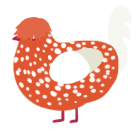 Gabriel, a vermilion and white chicken with a speckle pattern