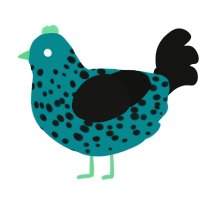 Mold, a teal and black chicken with a speckle pattern