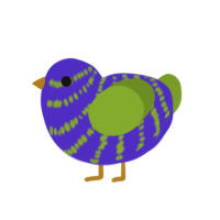 Rapscallion, a indigo and chartreuse chicken with a bar pattern