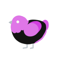 queer anarchick, a black and orchid chicken with a head pattern