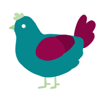 Rambutan, a teal and maroon chicken