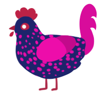 Raspberry, a navy and fuchsia chicken with a speckle pattern