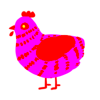 Ouch, a fuchsia and crimson chicken with a bar pattern