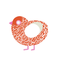 pie, a vermilion and white chicken with a double-lace pattern