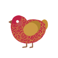 Aie, a crimson and gold chicken with a double-lace pattern