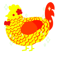 Radiation, a lime and vermilion chicken with a lace pattern