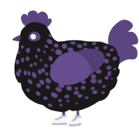 Pek, a sable and overcast chicken with a speckle pattern